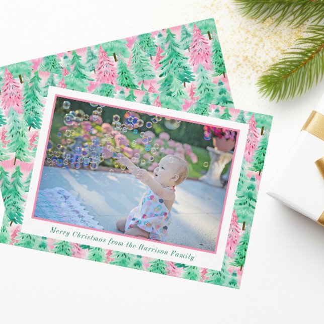 Palm Beach Christmas Pink & Green Trees Photo Holiday Card (Creator Uploaded)