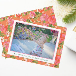 Palm Beach Christmas Pink & Orange Ornaments Photo Holiday Card