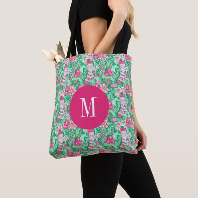 Palm Beach Christmas Stockings Monogrammed Tote Bag (Close Up)