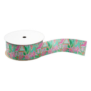 Palm Beach Christmas Watercolor Gingerbread Houses Grosgrain Ribbon