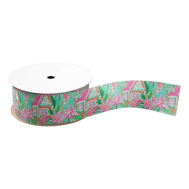 Palm Beach Christmas Watercolor Gingerbread Houses Grosgrain Ribbon (Spool)