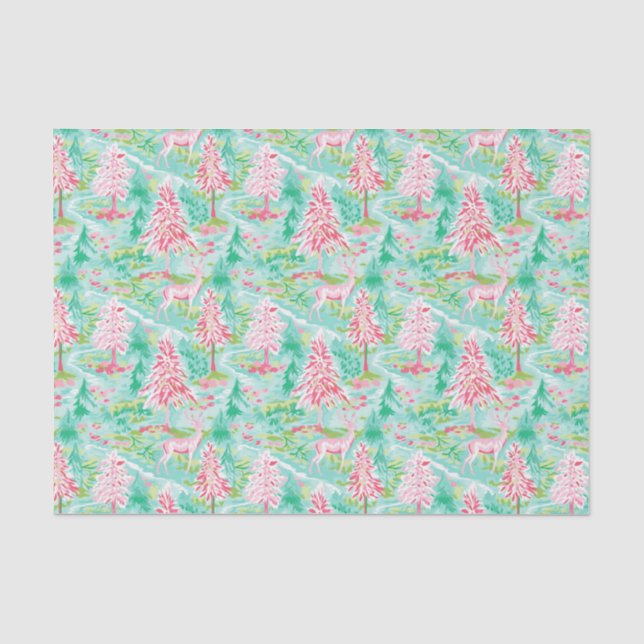 Palm Beach Christmas Watercolor Pink & Green Trees Tissue Paper (Front)