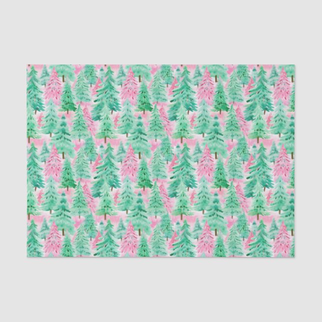 Palm Beach Christmas Watercolor Pink & Green Trees Tissue Paper (Front)