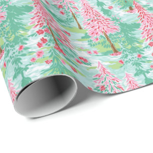 Palm Beach Christmas Watercolor Pink & Green Trees Wrapping Paper