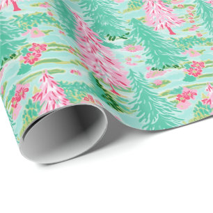 Palm Beach Christmas Watercolor Pink & Green Trees Wrapping Paper