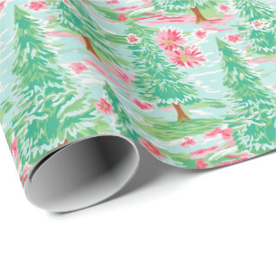 Palm Beach Christmas Watercolor Pink & Green Trees Wrapping Paper