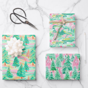 Palm Beach Christmas Watercolor Pink & Green Wrapping Paper Sheets