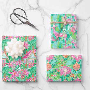 Palm Beach Christmas Watercolor Pink & Green Wrapping Paper Sheets