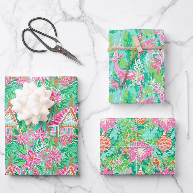 Palm Beach Christmas Watercolor Pink & Green Wrapping Paper Sheets (Front)