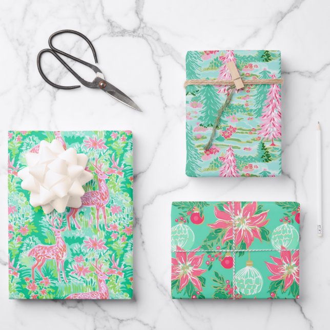 Palm Beach Christmas Watercolor Pink & Green Wrapping Paper Sheets (Front)
