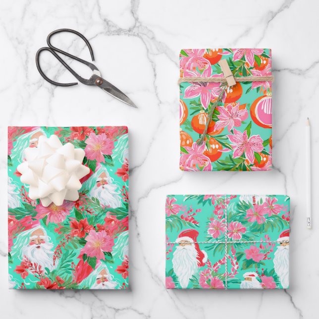 Palm Beach Christmas Watercolor Pink & Green Wrapping Paper Sheets (Front)