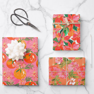 Palm Beach Christmas Watercolor Pink & Orange Wrapping Paper Sheets