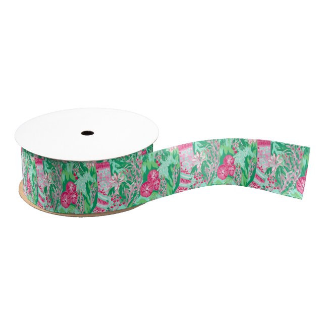 Palm Beach Christmas Watercolor Pink Stockings Grosgrain Ribbon (Spool)