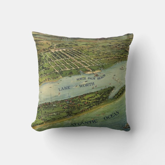 Palm Beach Florida 1915 Antique Map Throw Pillow (Front)