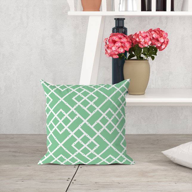 Palm Beach Green Geometric Bamboo Lattice Pattern Throw Pillow (Creator Uploaded)