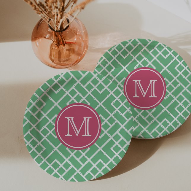 Palm Beach Green & Pink Geometric Bamboo Monogram Paper Plates (Creator Uploaded)