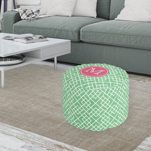 Palm Beach Green & Pink Geometric Bamboo Monogram Pouf (Creator Uploaded)