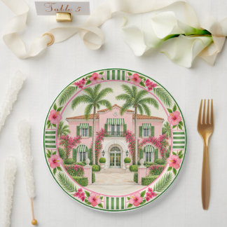 Palm Beach Pink & Green Tropical Mansion Hibiscus Paper Plates