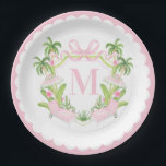 Palm Beach Pink Loungers Monogram Crest Paper Plates<br><div class="desc">These paper plates have a preppy grandmillennial design featuring a pink and green Palm Beach crest with a pink pool chairs and umbrellas surrounded by palm trees. There is a scalloped border around the edge. You can personalize with your initial.</div>
