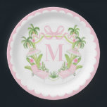 Palm Beach Pink Loungers Monogram Crest Paper Plates<br><div class="desc">These paper plates have a preppy grandmillennial design featuring a pink and green Palm Beach crest with a pink pool chairs and umbrellas surrounded by palm trees. There is a scalloped border around the edge. You can personalize with your initial.</div>