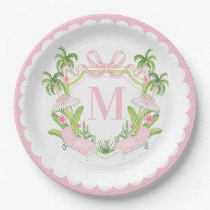 Palm Beach Pink Loungers Monogram Crest Paper Plates