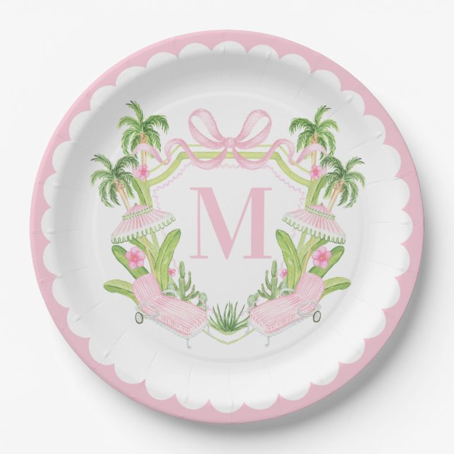 Palm Beach Pink Loungers Monogram Crest Paper Plates (Front)