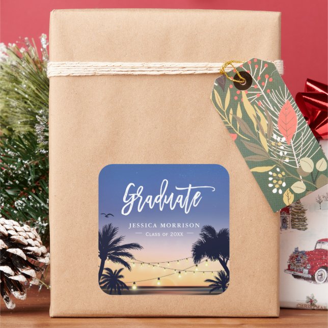 Palm Beach String Lights Graduate Graduation Favor Square Sticker (Holiday)