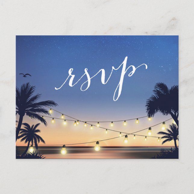 Palm Beach String Lights Summer Sunset RSVP Reply Invitation Postcard (Front)