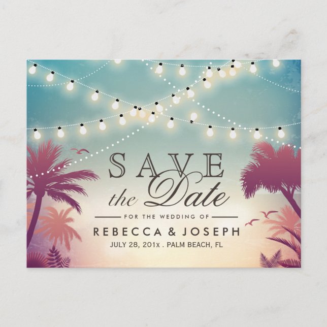 Palm Beach String Lights Wedding Save the Date Announcement Postcard (Front)