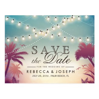 Palm Beach String Lights Wedding Save the Date Postcard