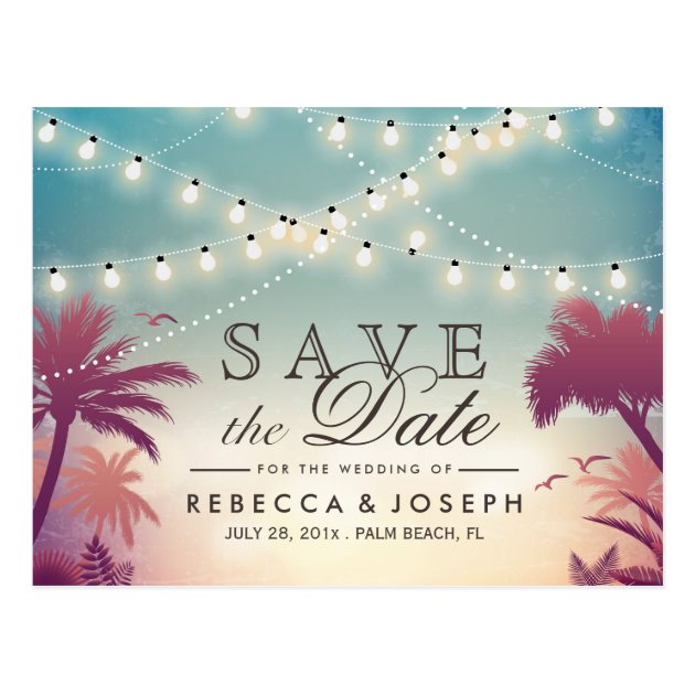 Palm Beach String Lights Wedding Save The Date Postcard