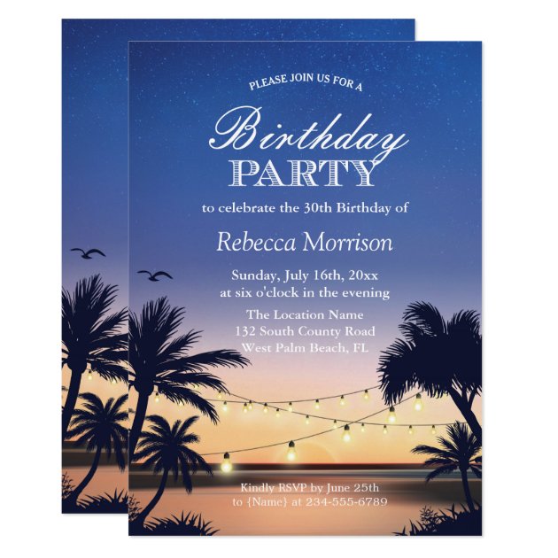 Palm Beach Sunset String Lights Birthday Party Card