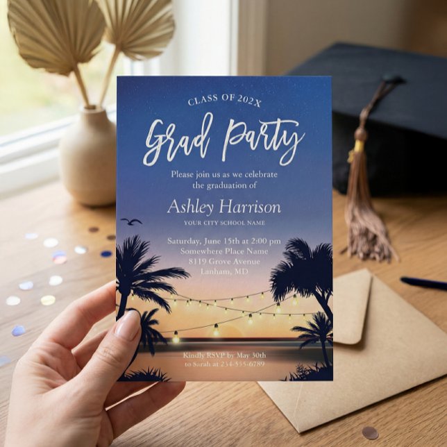Palm Beach Sunset String Lights Graduation Party Invitation (Creator Uploaded)