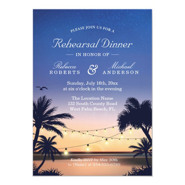 Palm Beach Sunset String Lights Rehearsal Dinner Invitation