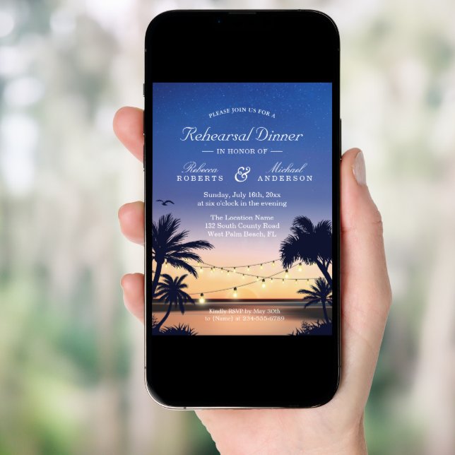 Palm Beach Sunset String Lights Rehearsal Dinner Invitation (Front Digital)