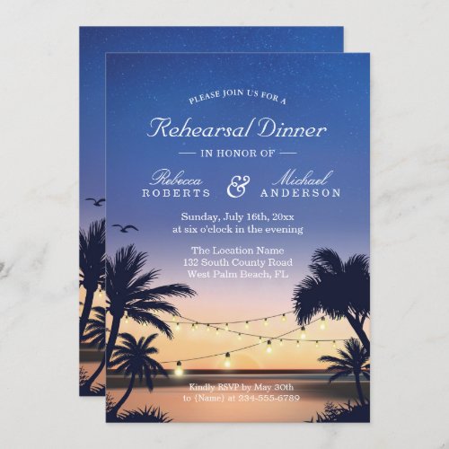 Palm Beach Sunset String Lights Rehearsal Dinner Invitation