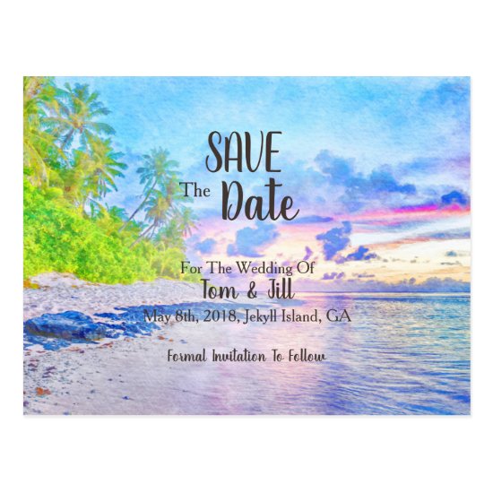 Palm Beach Sunset Watercolor Save The Date Postcard