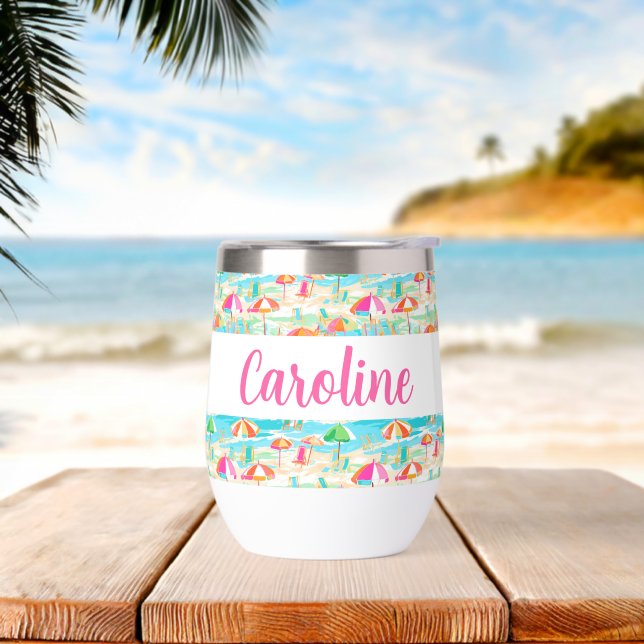 Palm Beach Tropical Island Beach Umbrellas Thermal Wine Tumbler (Beach)