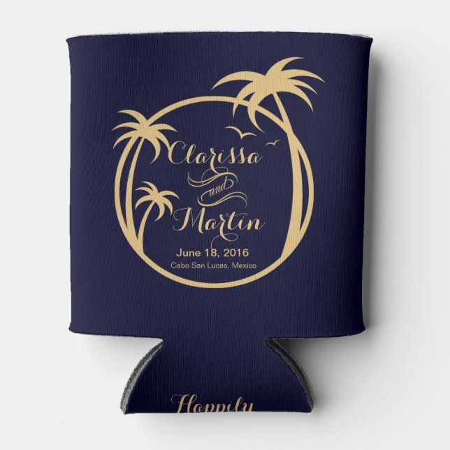 Palm Beach Tropical Logo | navy sand Can Cooler (Front)