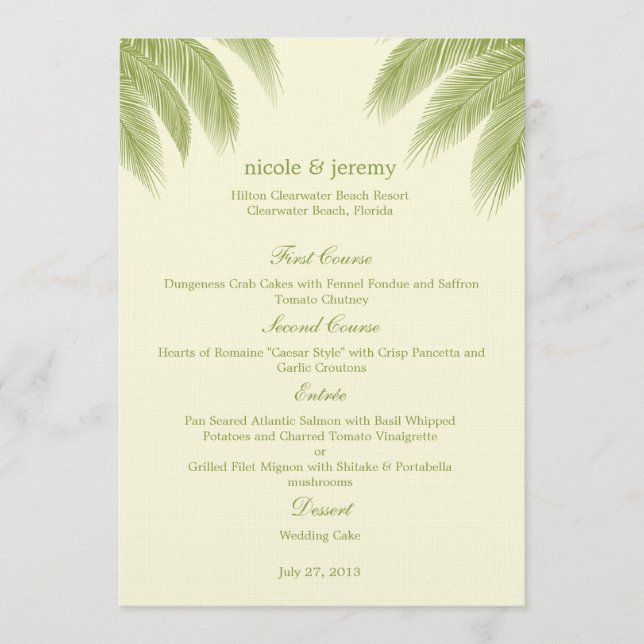 Palm Beach Wedding Menu Card - Green (Front)