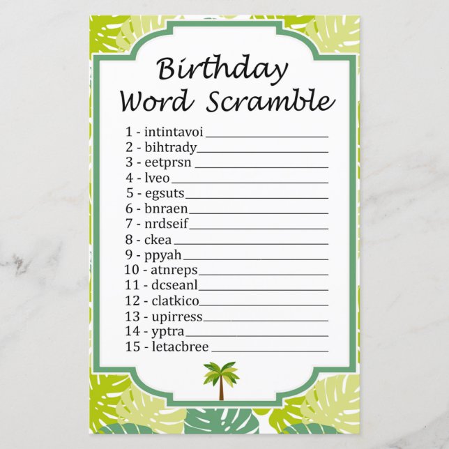 Palm Birthday Word Scramble Game (Front)