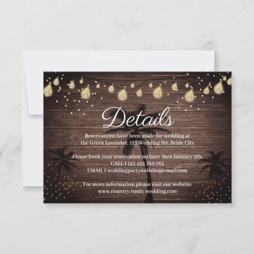 Palm Boho Rustic country lights wedding details RSVP Card