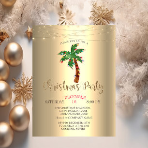 Palm Christmas Tree String Lights Gold Invitation