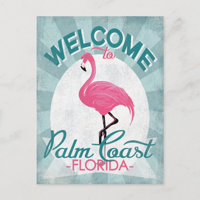 Palm Coast Florida Pink Flamingo Retro Postcard (Front)