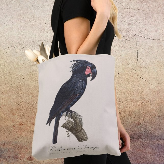 Palm Cockatoo, Probosciger aterrimus parrot, retro Tote Bag (L' Ara Noir a Trompe / Palm Cockatoo. Tote Bag)