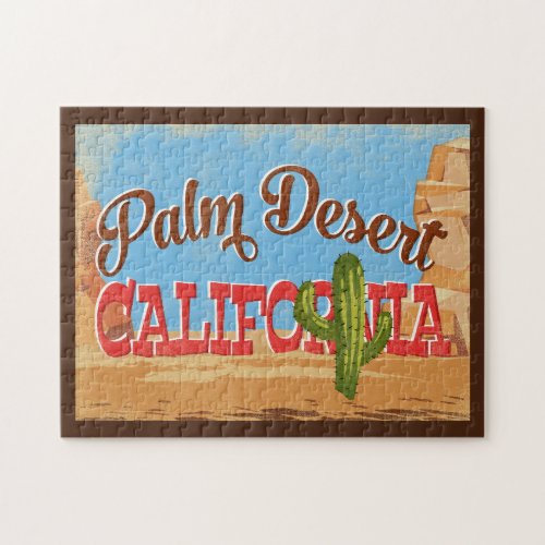 Palm Desert California Cartoon Desert Retro Travel Jigsaw Puzzle