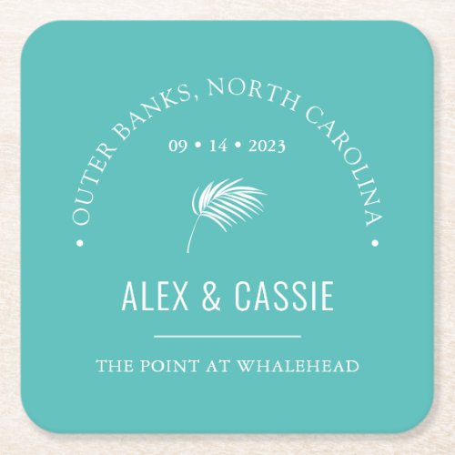 Palm Floral Tropical Wedding  Teal Square Paper Coaster