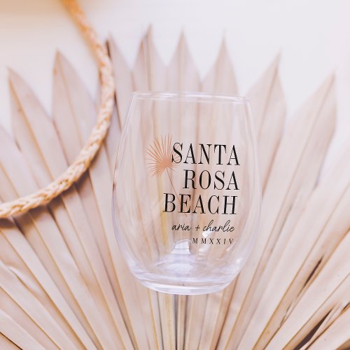 Palm Frond Destination Wedding Favor Stemless Wine Glass