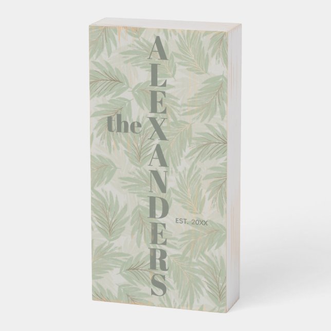 Palm Fronds Custom Family Name Wooden Box Sign (Angled Vertical)