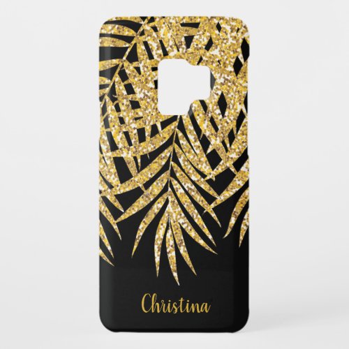 Palm Fronds Gold Glitter Personalized Name Black Case_Mate Samsung Galaxy S9 Case